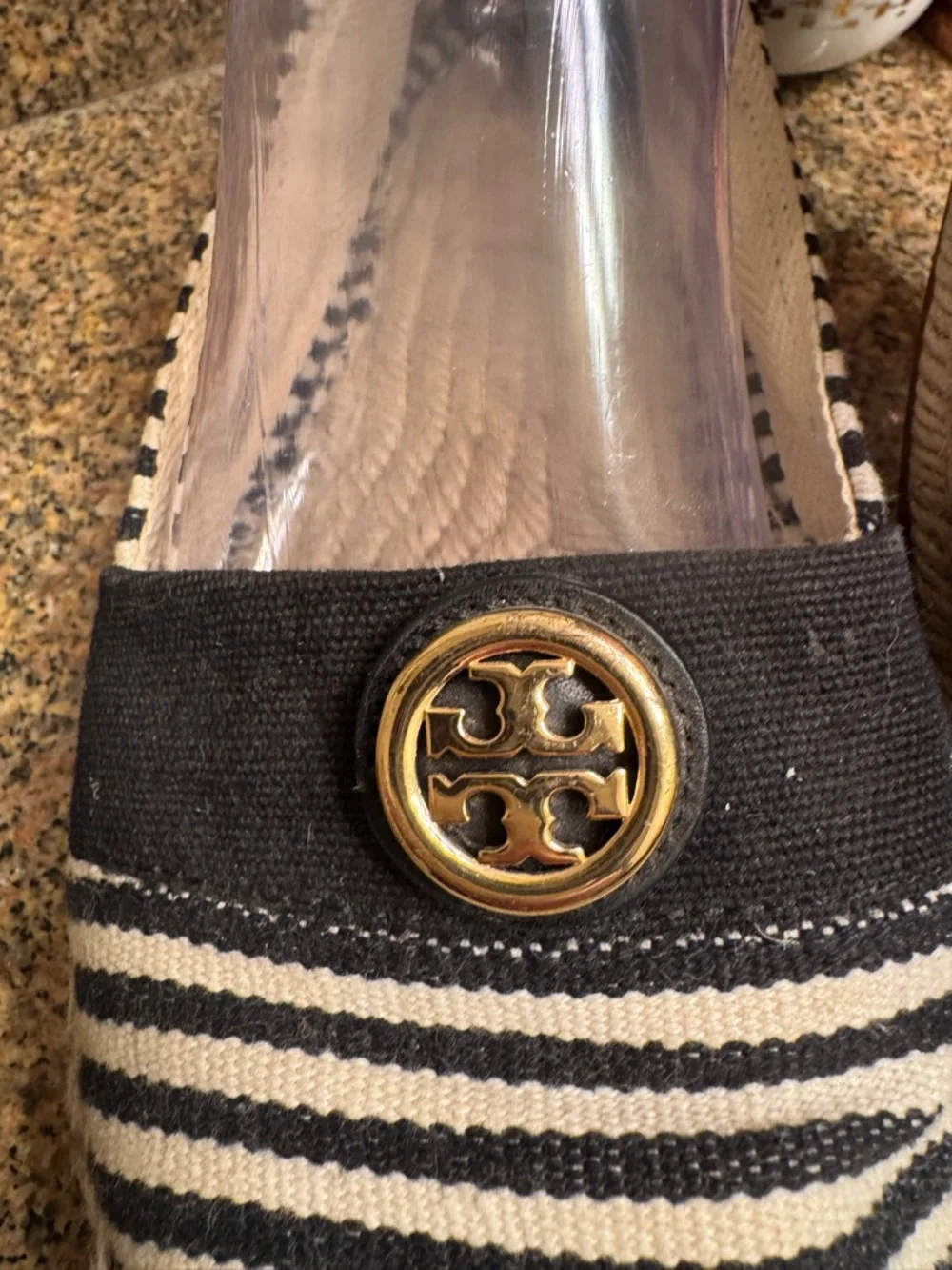 Tory Burch Black and White Striped‎ Espadrille Loafers with Gold Logo Size 9